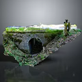 Suspended Stone Bridge Structure With Green Grass Archway And Small Figure