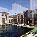 Modern Commercial Street With Pedestrians Shops Glass Storefronts And Decorative Awnings
