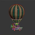 Green And Beige Striped Hot Air Balloon Model With Small Basket And Decorative Elements
