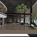 Modern Lobby Interior Design With Hanging Greenery Installation And Round Reception Desk