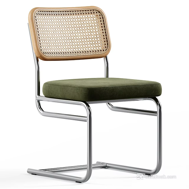 Modern Dining Chair With Chrome Metal Frame Green Fabric Seat And Woven Backrest Design 3d model 