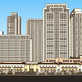 Modern Commercial Street With High Rise Buildings Low Rise Commercial Structures Road And Greenery