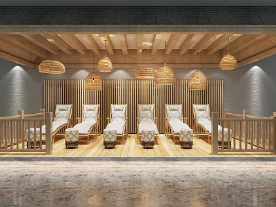 Hotel Public Lounge Area With Natural Wooden Decor Hanging Lanterns Loungers And Warm Lighting 3d model