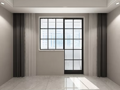Modern Room Interior With Large Window Gray Curtains And Marble Floor 3d model