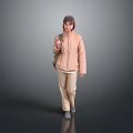 Woman In Light Pink Jacket And Beige Pants With Backpack On Gray Background