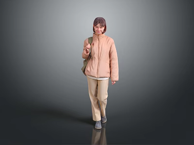 Woman In Light Pink Jacket And Beige Pants With Backpack On Gray Background 3d model