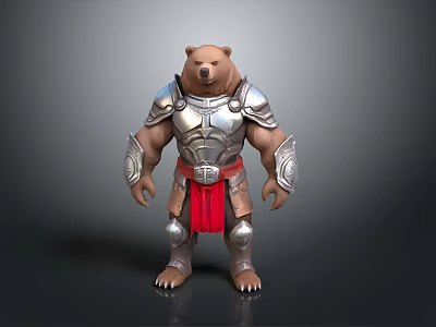Detailed 3D Fantasy Bear Warrior Wearing Silver Armor And Red Sash 3d model