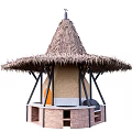 Cabinets In Rustic Outdoor Kitchen With Thatched Roof And Brick Fireplace