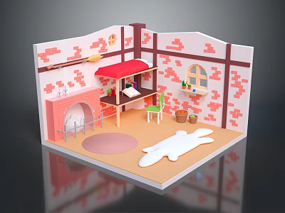 Cartoon Room Scene Featuring Red Brick Walls Fireplace Green Chair Pink Rug and Window Plants 3d model