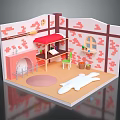 Cartoon Room Scene Featuring Red Brick Walls Fireplace Green Chair Pink Rug and Window Plants