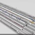 Various Modern Trains Lined Up On Parallel Rail Tracks With Silver White And Orange Designs