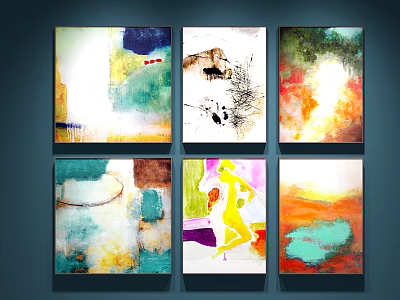 Colorful Abstract Paintings with Diverse Figures Color Blocks Displayed on Dark Blue Wall 3d model