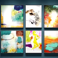 Colorful Abstract Paintings with Diverse Figures Color Blocks Displayed on Dark Blue Wall