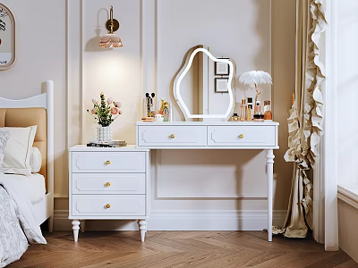 Classic White Dressing Table with Drawers Mirror Flower Vase Cosmetics and Wall Lamp in Bedroom 3d model