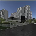 Modern High Rise Residential Community With Water Feature Greenery And Cars On Road