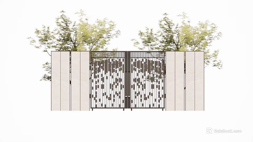 Modern Courtyard Garden Entrance With Geometric Metal Gate Stone Walls And Green Trees 3d model 