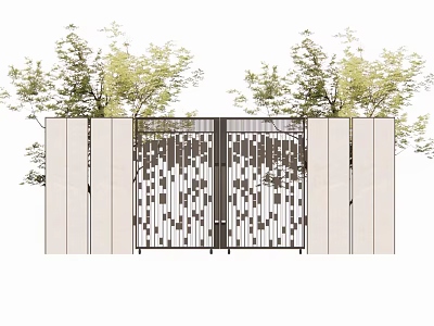 Modern Courtyard Garden Entrance With Geometric Metal Gate Stone Walls And Green Trees 3d model