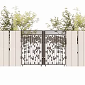 Modern Courtyard Garden Entrance With Geometric Metal Gate Stone Walls And Green Trees