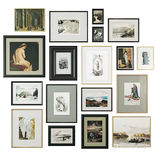 Figure Paintings in Framed Artworks Collection with Various Themes and Classic Styles 3d model 