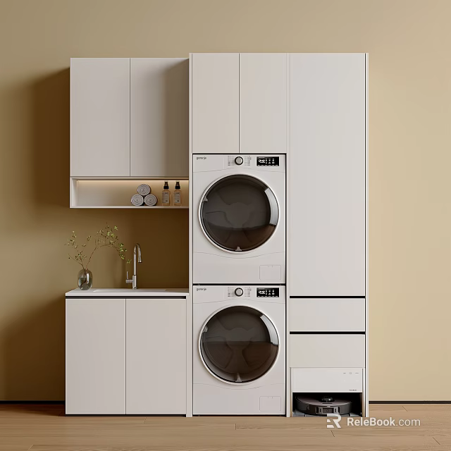 White Balcony Cabinet with Stacked Washer Dryer Countertop and Sleek Design 3d model 