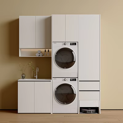 White Balcony Cabinet with Stacked Washer Dryer Countertop and Sleek Design 3d model