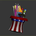Red White Striped Hat With Blue Stars Holding Colorful Party Supplies Confetti Sticks Silver Streamers