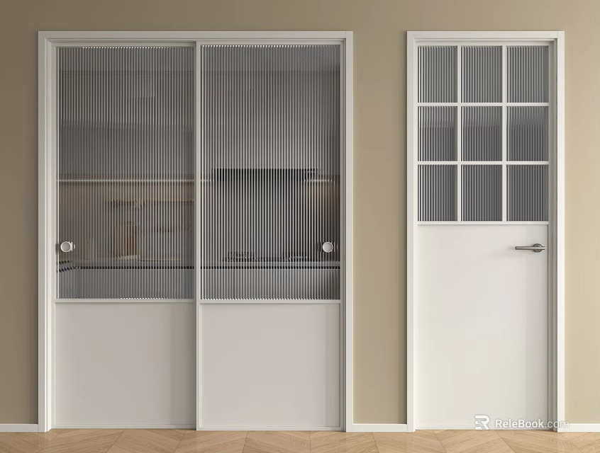 Modern Interior Sliding Door With White Frame And Vertical Glass Panels 3d model 