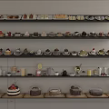 Various Desserts And Beverages Displayed On Multiple Wooden Shelves With Different Toppings And Decorations