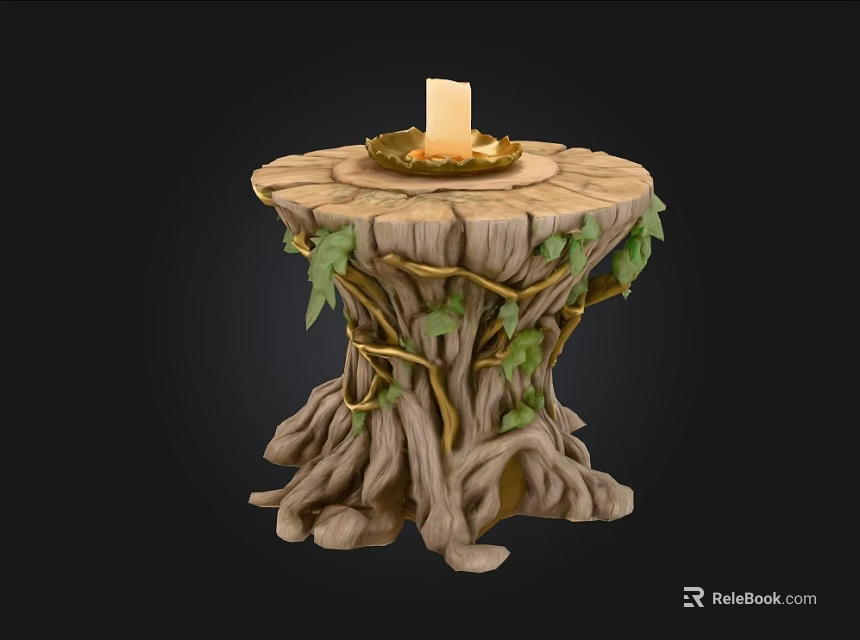 Stone Wood Stump Table With Root Base Green Vine Decorations And Candle 3d model