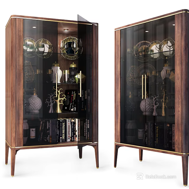 Elegant Wooden Wine Cabinet with Glass Doors Decorations Wine Glasses and Books 3d model 