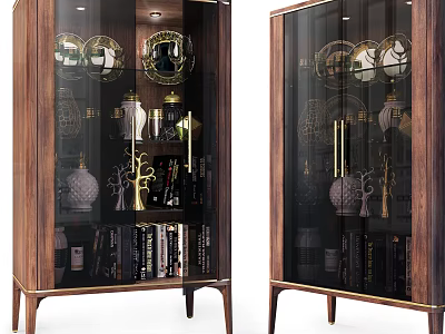 Elegant Wooden Wine Cabinet with Glass Doors Decorations Wine Glasses and Books 3d model