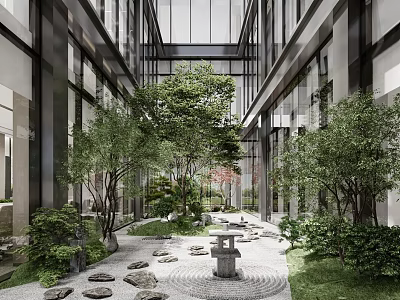 Modern Office Atrium Landscape With Green Trees Stone Path Stone Lantern And Glass Curtain Walls 3d model
