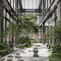 Modern Office Atrium Landscape With Green Trees Stone Path Stone Lantern And Glass Curtain Walls