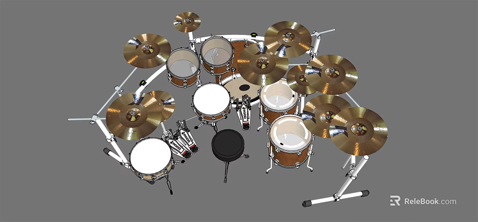 Complete Drum Set With Multiple Drums Cymbals Drum Stool And Metal Stands 3d model