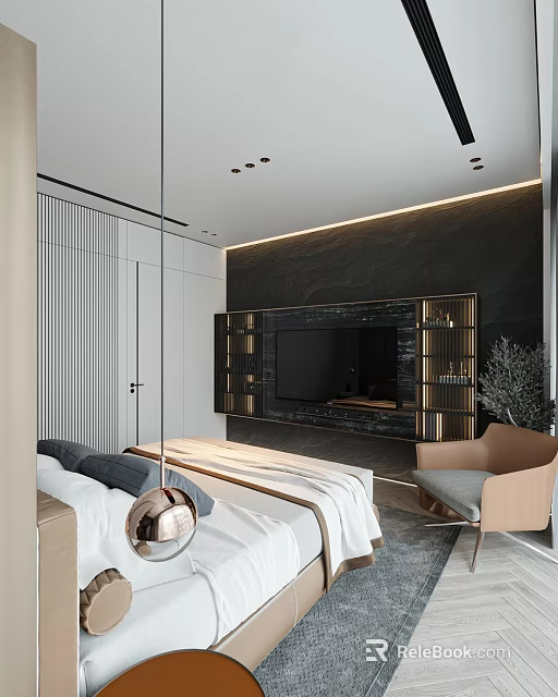 Modern Bedroom Interior Design With Bed Wardrobe Accent Chair And Soft Decorative Lights 3d model 