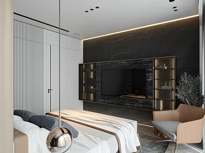 Modern Bedroom Interior Design With Bed Wardrobe Accent Chair And Soft Decorative Lights 3d model