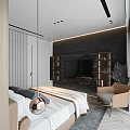 Modern Bedroom Interior Design With Bed Wardrobe Accent Chair And Soft Decorative Lights
