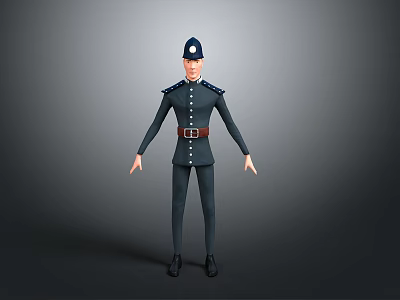 A Man In Dark Police Uniform With Cap Badge And Belt Standing 3d model