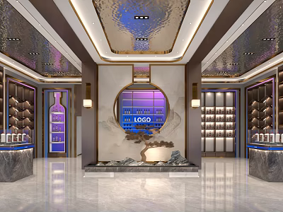 Luxury Store Interior Design With Display Shelves Marble Counters And Central Lighting 3d model