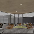 Elegant Modern Sales Office Interior With Curved Golden Ceiling And Comfortable Leisure Seating Area