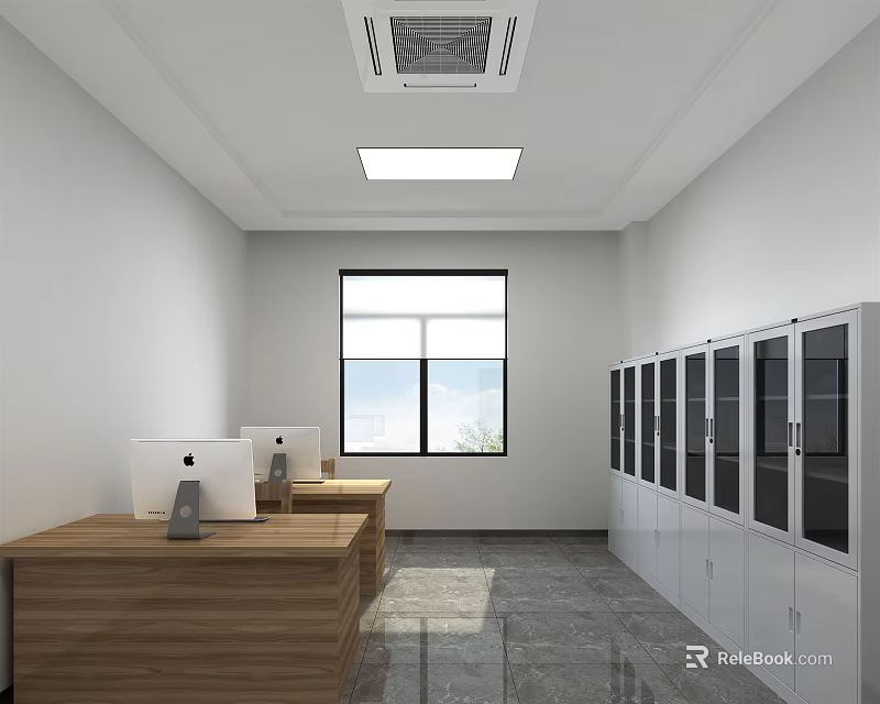 Modern Office Interior Design With Wooden Desks Computers And Glass Door Cabinets 3d model 