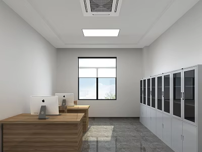 Modern Office Interior Design With Wooden Desks Computers And Glass Door Cabinets 3d model