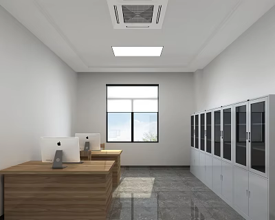 Modern Office Interior Design With Wooden Desks Computers And Glass Door Cabinets 3d model