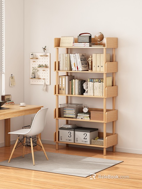 Wooden Study Desk With White Chair Bookshelf Books Folders And Storage Boxes 3d model 