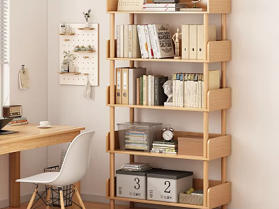 Wooden Study Desk With White Chair Bookshelf Books Folders And Storage Boxes 3d model