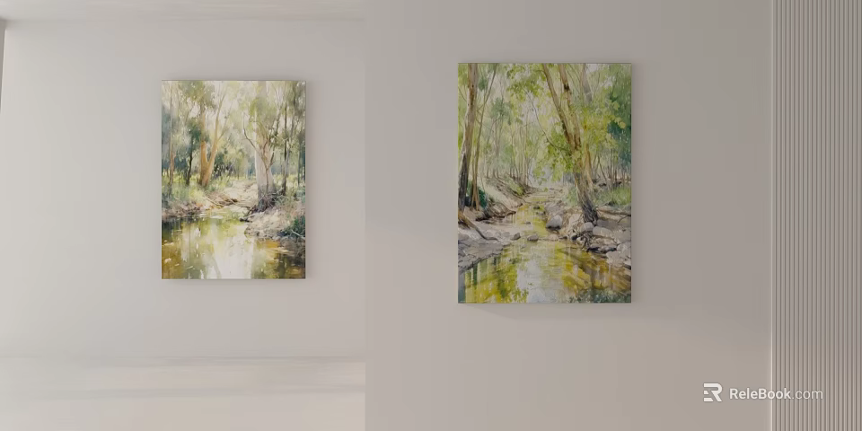 Beautiful Landscape Painting With Stream Trees And Natural Greenery Reflection 3d model