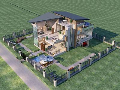 Modern single-family villa Aerial view Axonometric view Profile 3d model