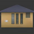 Small Utility Building With Blue Roof Yellow Walls Multiple Blue Doors And Windows With Reflection