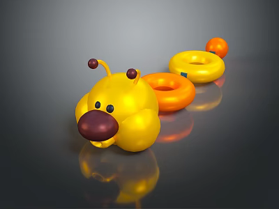 Cute Yellow Cartoon Caterpillar Toy with Purple Nose Black Eyes Red Antennae Orange Rings 3d model