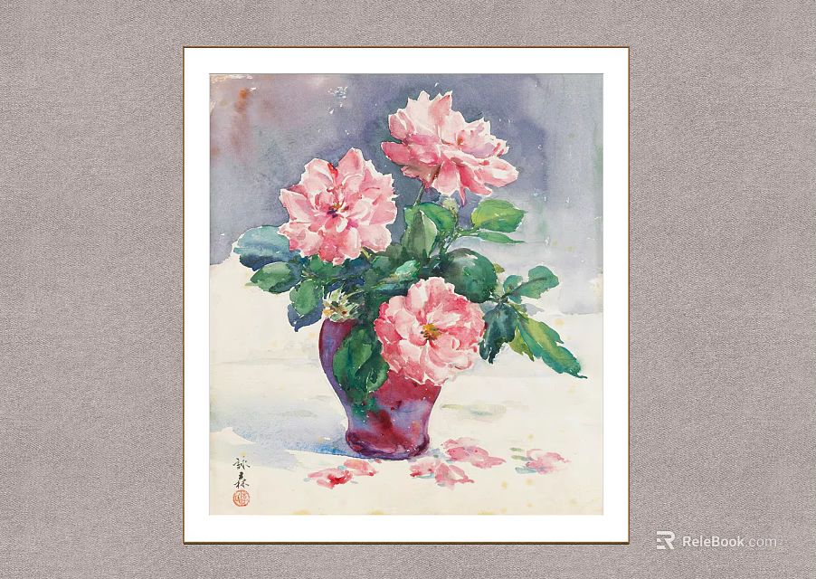 Watercolor Painting of Pink Roses in Purple Vase with Green Leaves and Scattered Petals 3d model 